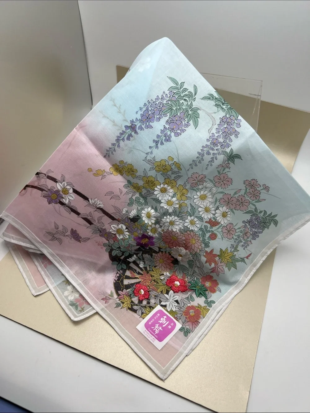 Scarf/Handkerchief Japan Festival Float Embroidered Cotton Pink/Light Blue NWT